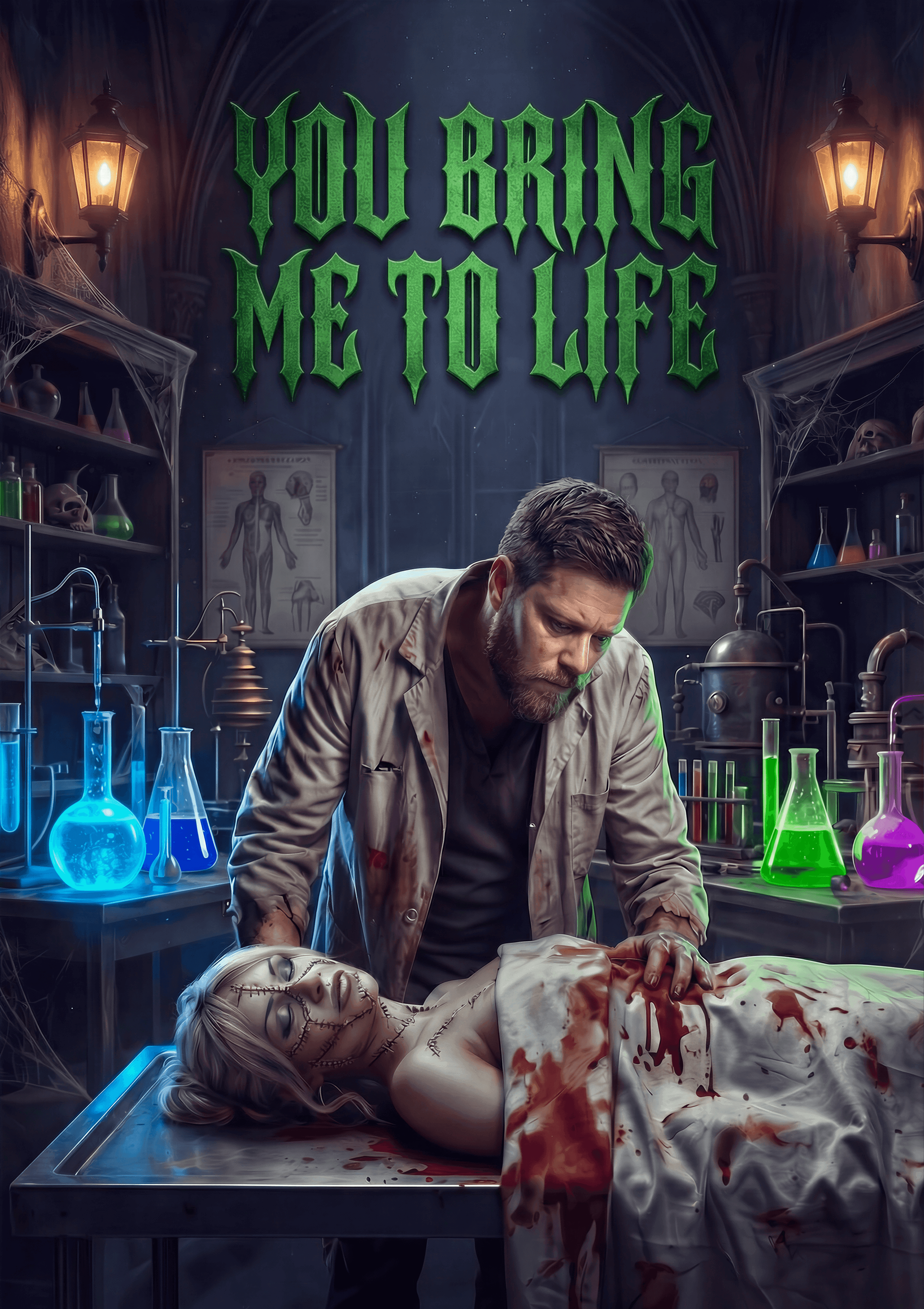 A gothic horror movie poster titled 'You Bring Me To Life' showing a smiling man in a blood-splattered lab coat leaning over a smiling woman on an operating table in a cobwebbed, flask-filled laboratory
