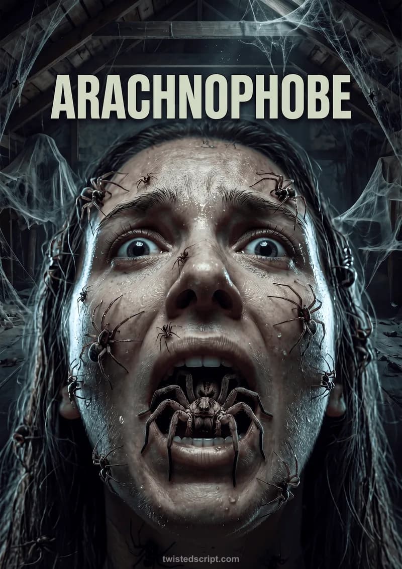 A close-up, horror-themed movie poster titled 'ARACHNOPHOBE.' It features a person, eyes wide with terror and mouth agape, covered in spiders. One large spider crawls out of their mouth. The background is a dimly lit, web-filled attic.