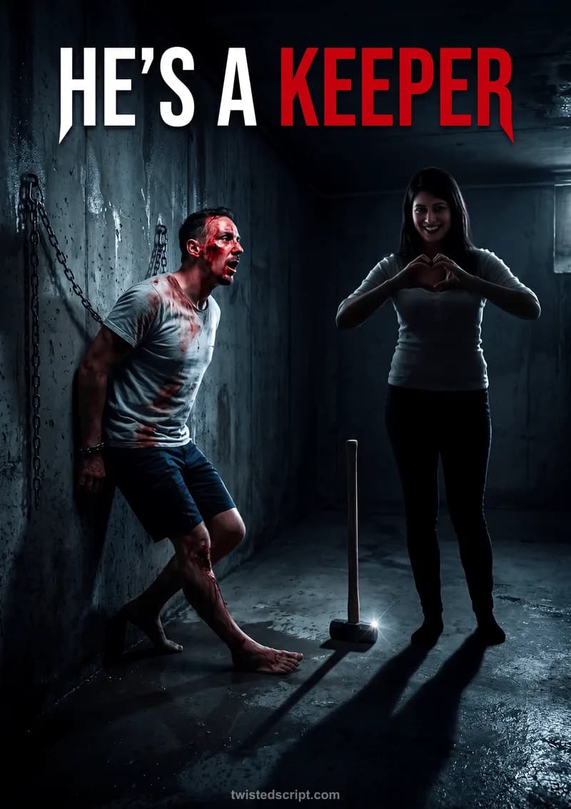 AI-generated horror-comedy movie poster titled 'HE'S A KEEPER' featuring a bloodied man chained to a wall, looking terrified, while a smiling woman making a heart gesture stands beside a sledgehammer.